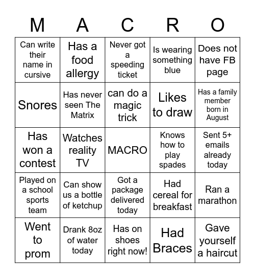 Macro Team Bingo 2 Bingo Card