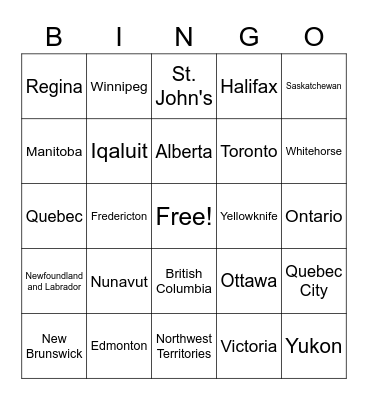 Canadian Geography Bingo Card