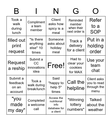 Customer Service Bingo Card