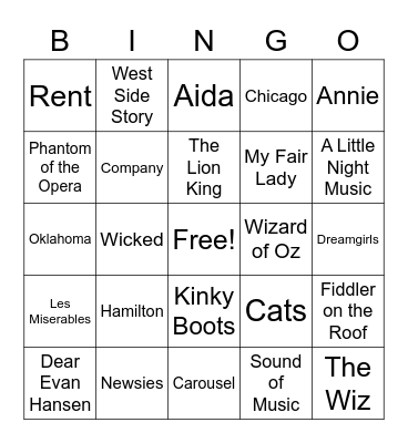 Show Tunes Bingo Card