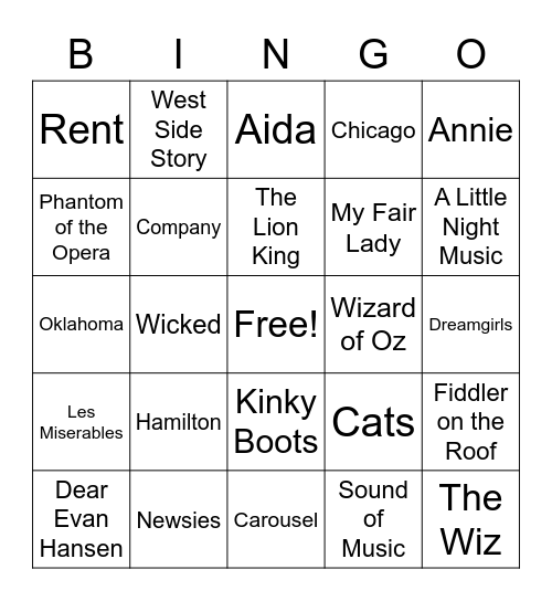 Show Tunes Bingo Card