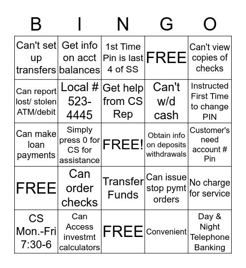 TELEPHONE BANKING Bingo Card