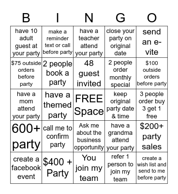 Hostess Challenge Bingo Card