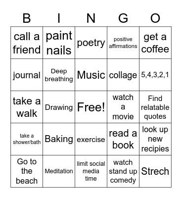 Coping skills Bingo Card