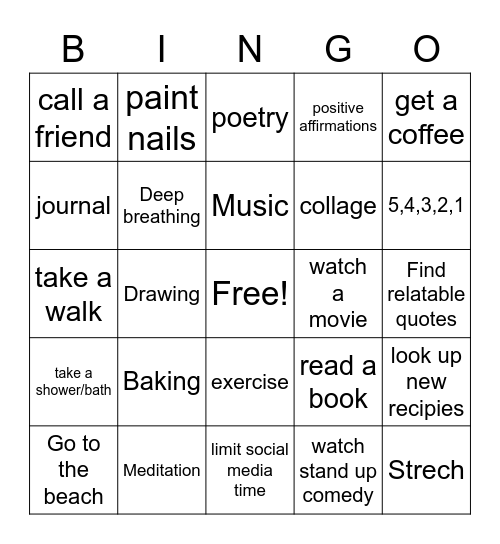 Coping skills Bingo Card