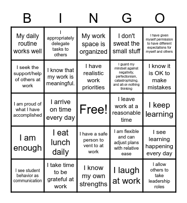 Variability in Self Care at Work Bingo Card