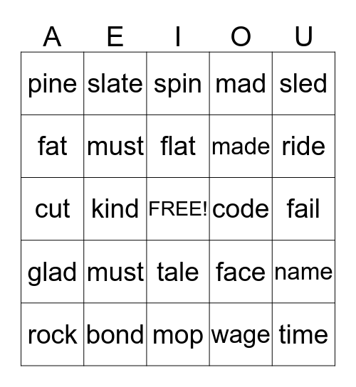 Vowel Bingo  Bingo Card