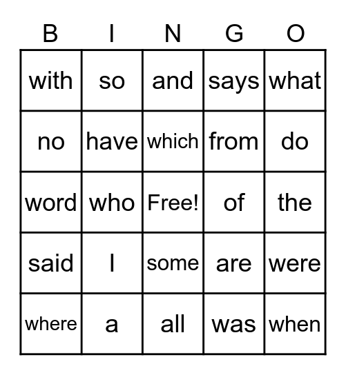 Sight Word Bingo Card