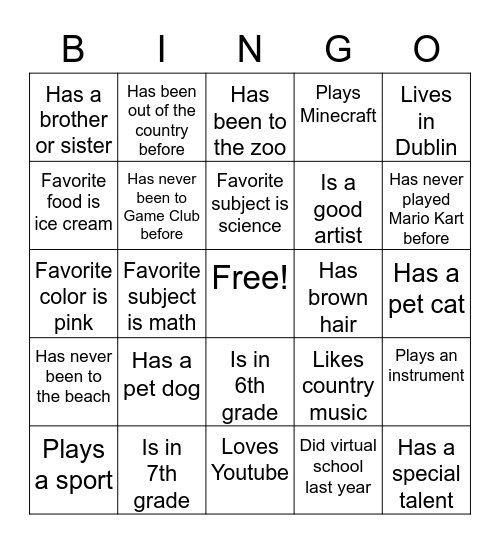 Games Club Bingo Card