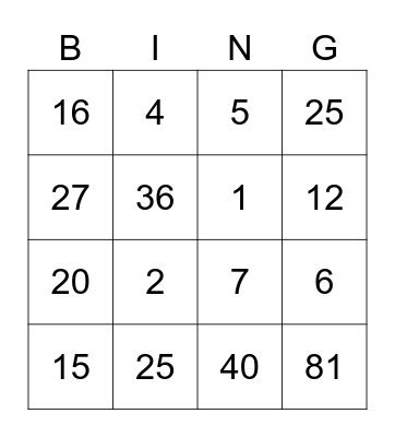 Multiplication & Division Bingo Card