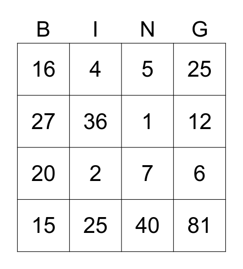 Multiplication & Division Bingo Card