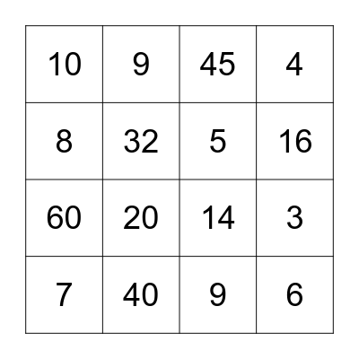 Multiplication & Division BINGO Card
