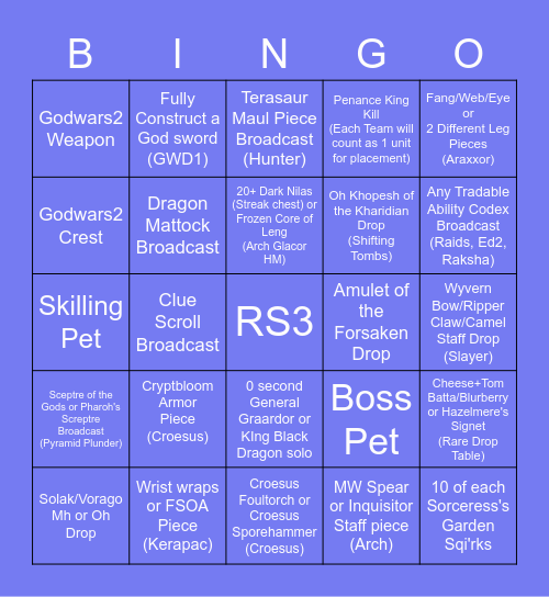 Runescape 3 Bingo Competition Bingo Card