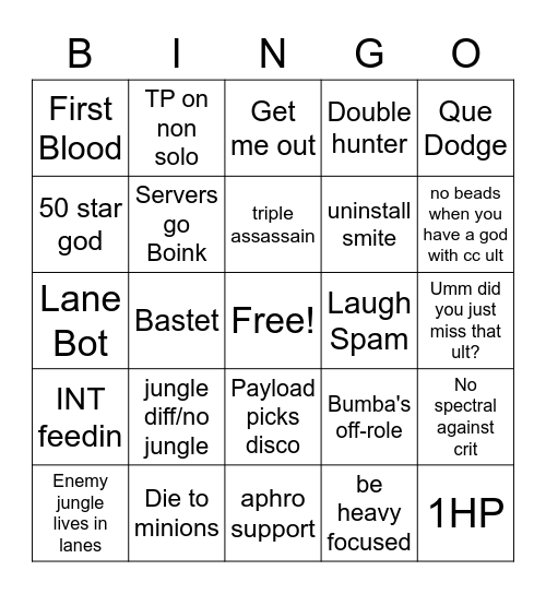 Smite Bingo Card