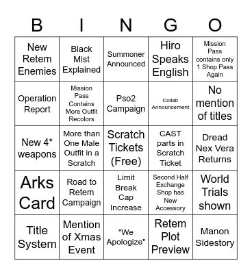NGS November Stream Bingo Card