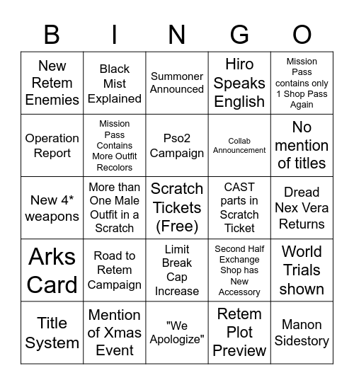 NGS November Stream Bingo Card