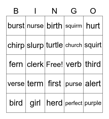 er / ir / ur Bingo Card