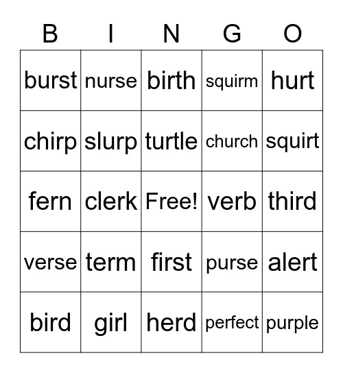 er / ir / ur Bingo Card