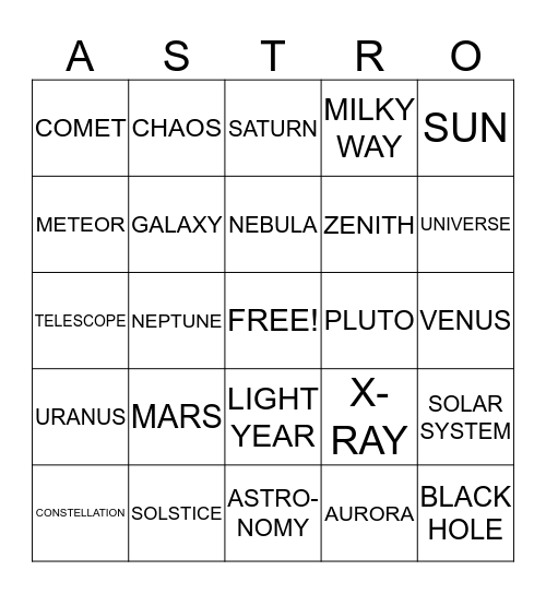 ASTRONOMY BINGO Card