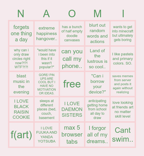 Naomi's bingo Card