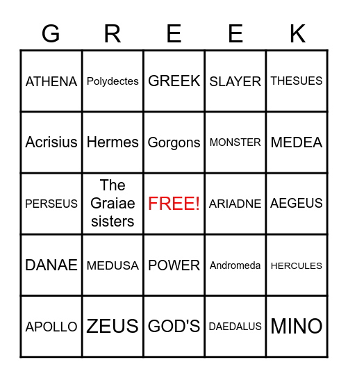 GREEK MYTHOLOGY 1 Bingo Card