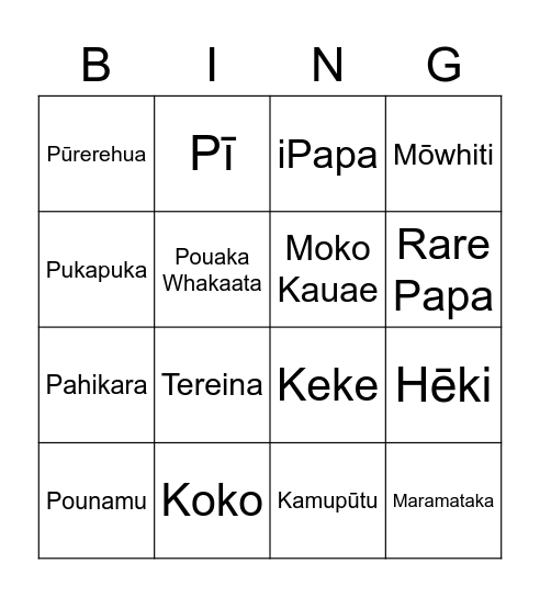 Te Reo Māori Bingo Card