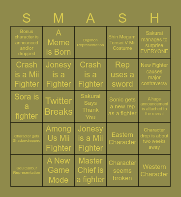 Final Smash Bingo Card