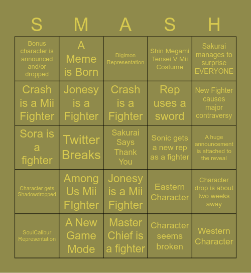Final Smash Bingo Card