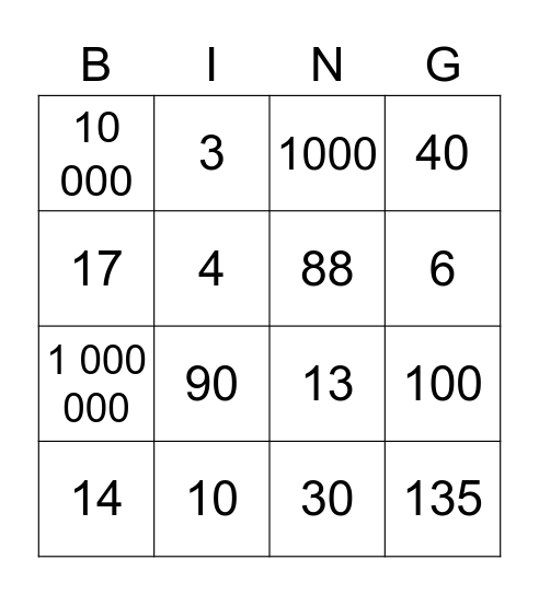 Numbers Bingo Card