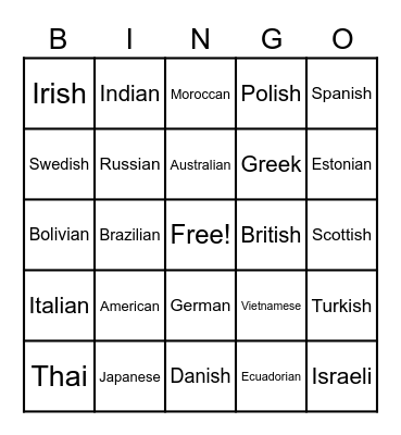 Nationalities Bingo Card