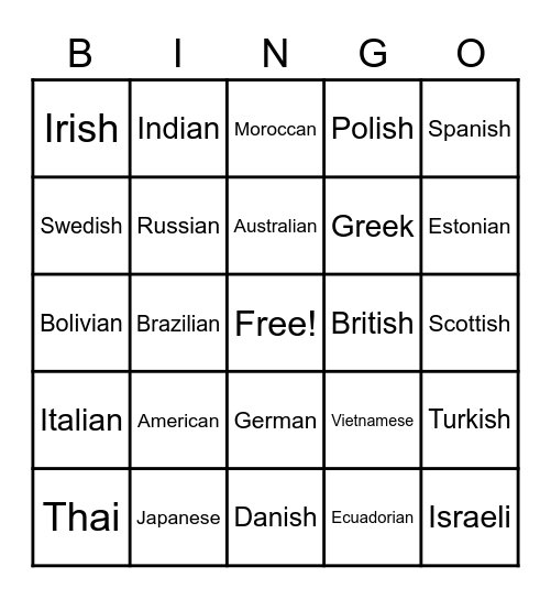 Nationalities Bingo Card