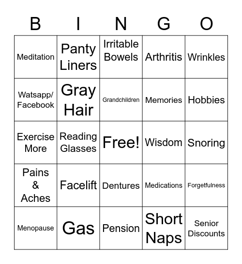 Over The Hill Bingo Card