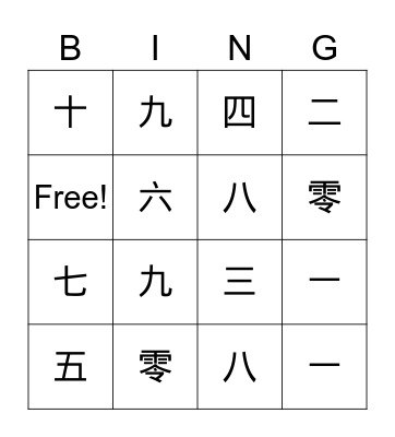 Chinese number Bingo Card