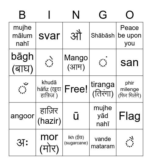 Hindi 001 Practise Bingo Card