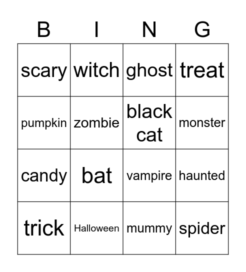 Halloween Words Bingo Card