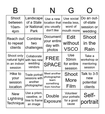 Photographer's Bingo Card