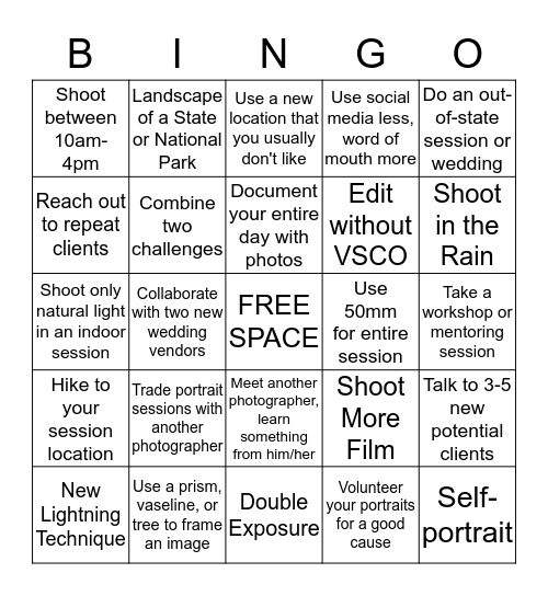 Photographer's Bingo Card