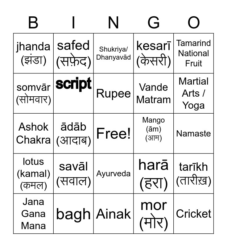 about-india-new-words-in-hindi-bingo-card