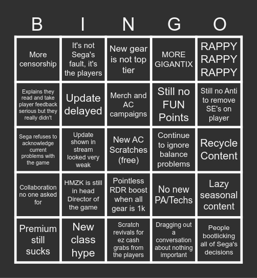 NGS Streams Bingo Card