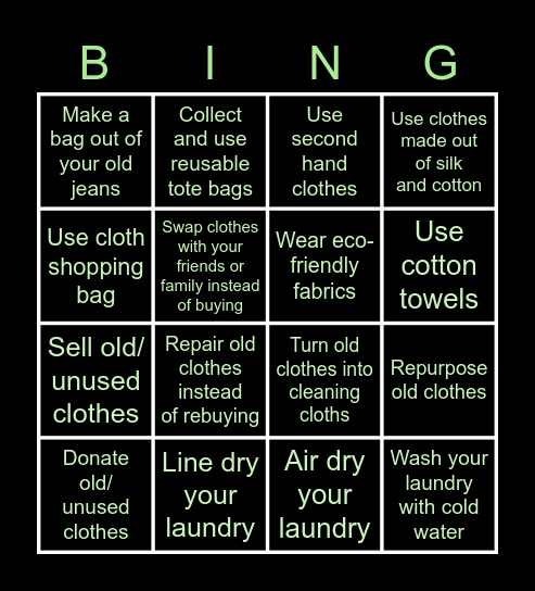 Sustainable living challenges- Clothing Bingo Card