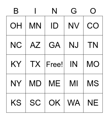 States Bingo Card