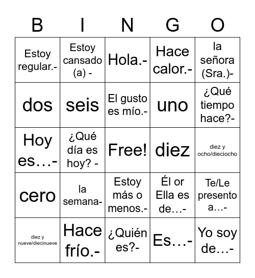 Spanish LP Bingo Card