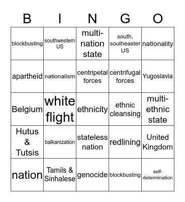 Ethnicity Bingo Card