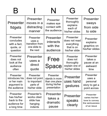 Presentation Skills Bingo Card