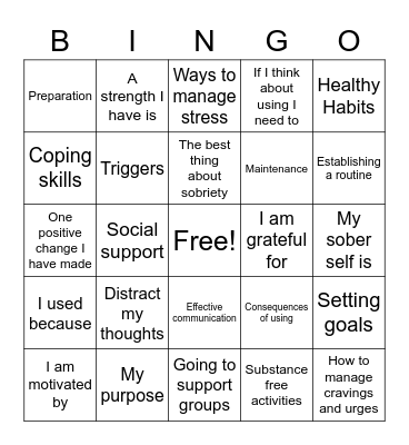 Substance Abuse Bingo Card