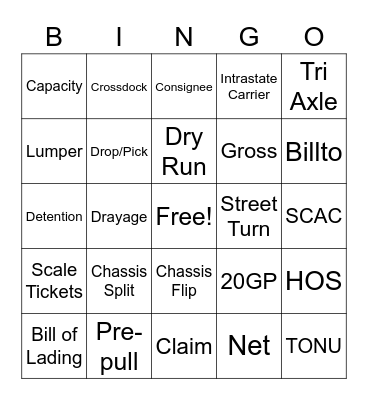 Drayage Term Bingo Card