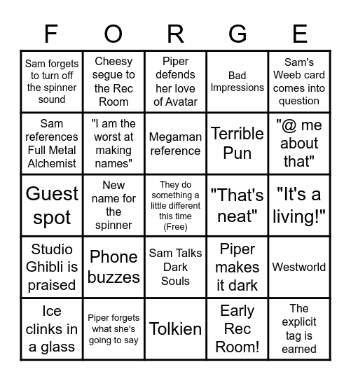 World Forge Bingo Card