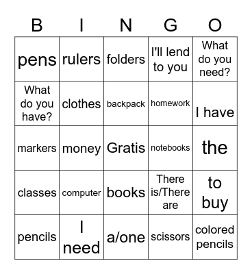 Los materiales escolares Bingo Card