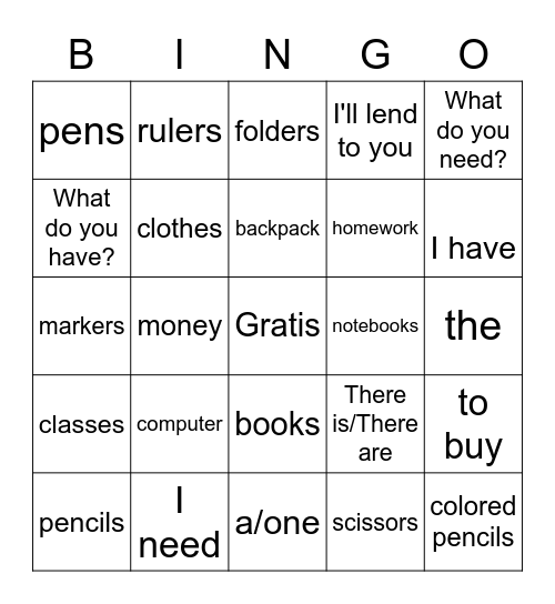 Los materiales escolares Bingo Card