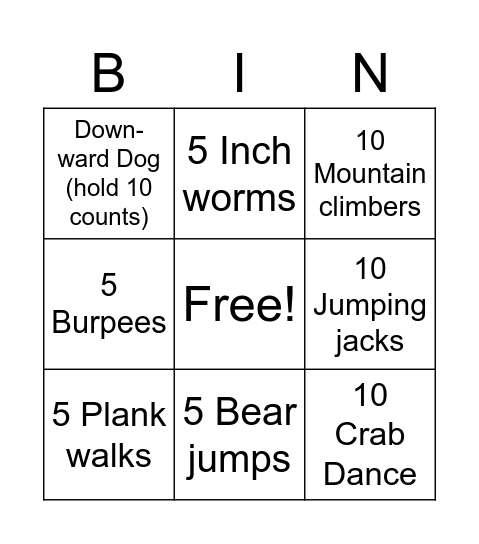 Muscle Work Bingo Card